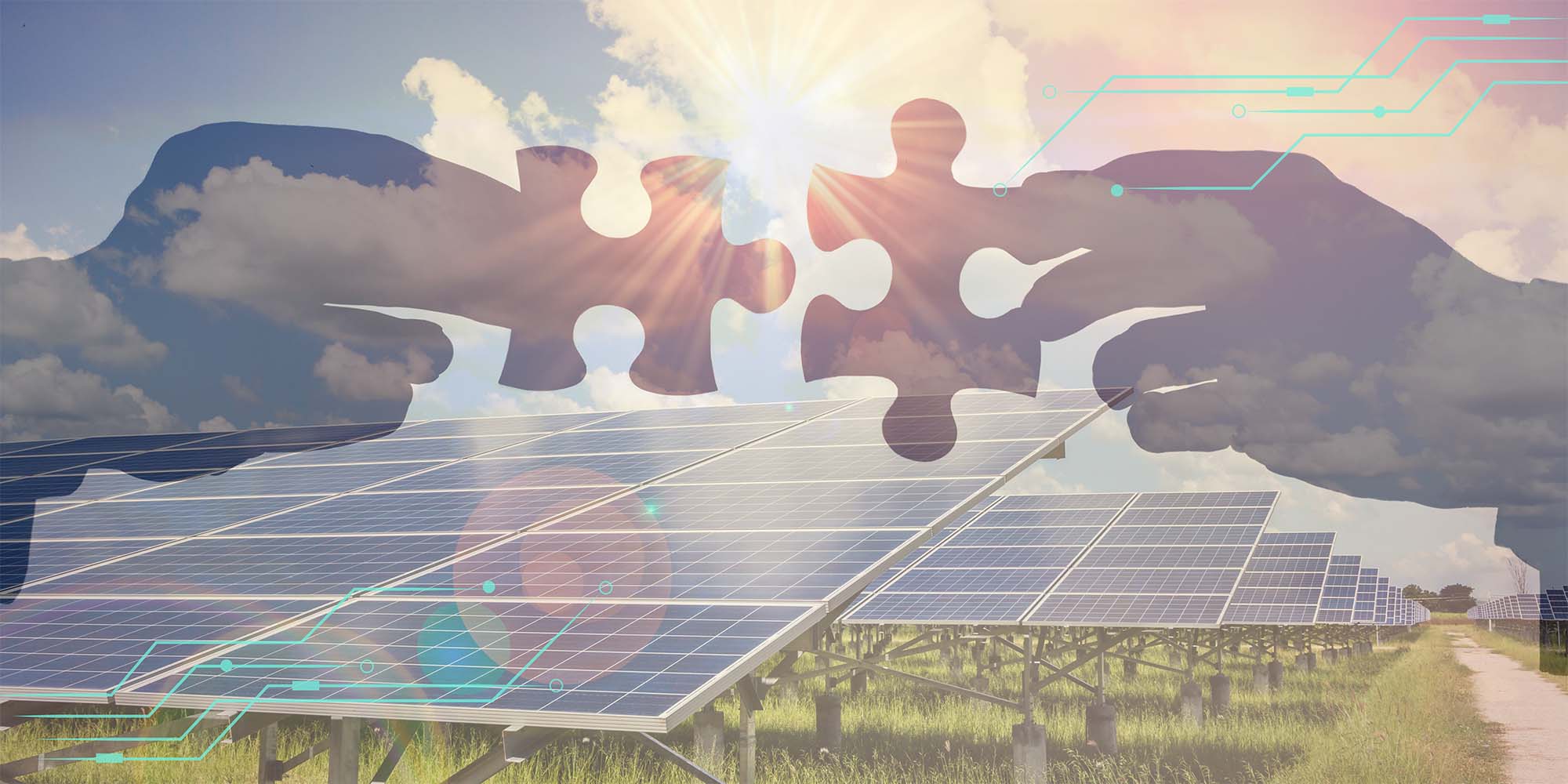 Partnership with PureSky Shown by Two Hands with Puzzle Pieces Over Solar Panels