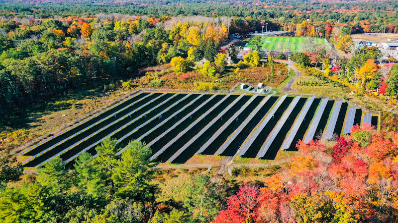 Aerial view of PureSky's Box Pond Solar I Community Solar Farm in Massachusetts