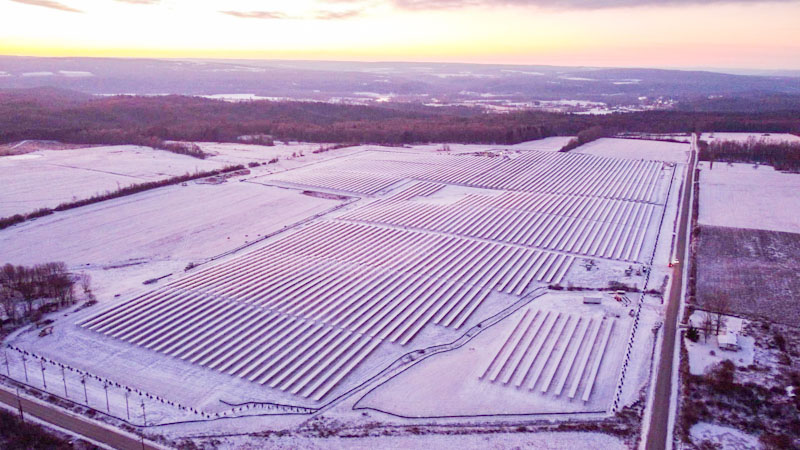 Aerial view of PureSky's Hume Wiscoy Solar Community Solar Farm in New York