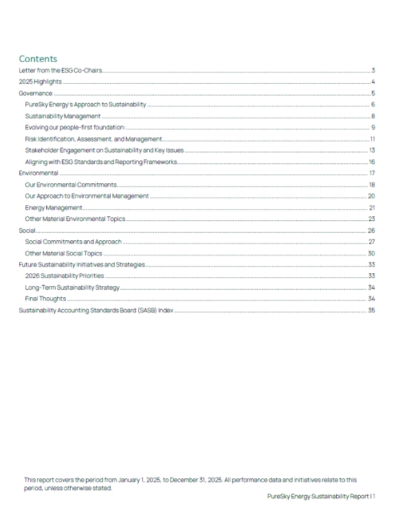Sustainability Report - Table of Contents